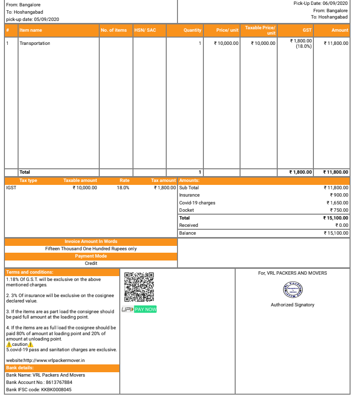 Then they took items to their place near Nagwara, Bengaluru. They asked me about the insurance that I want to pay and then they gave a bill which they sent me through the mail. It had balance amount of 15,100. So they went from 11,800 to 15,100 (3,300 extra) including Rs.800.