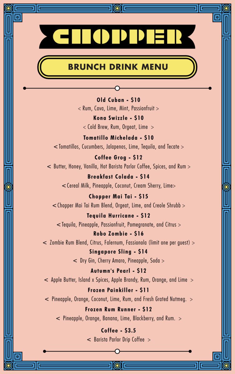 SPECIAL CHOPPER BRUNCH TOMORROW, *SWIPE* FOR DRINK MENU REVEAL! STARTS AT 11AM, WITH @maiz_delavida food &amp; @tantitopastelito for the sweet bites! COME THROUGH!

#easylikesundaymorning #programmedforbrunch