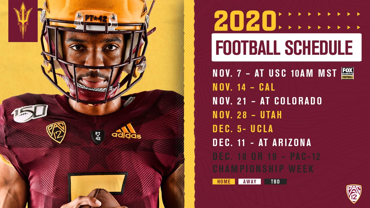TheSunDevils's tweet photo. The 2020 @ASUFootball schedule is here 😈 🔱

Full breakdown: https://t.co/ZdJ9ZtQLa7 https://t.co/KPS9mmbLOo