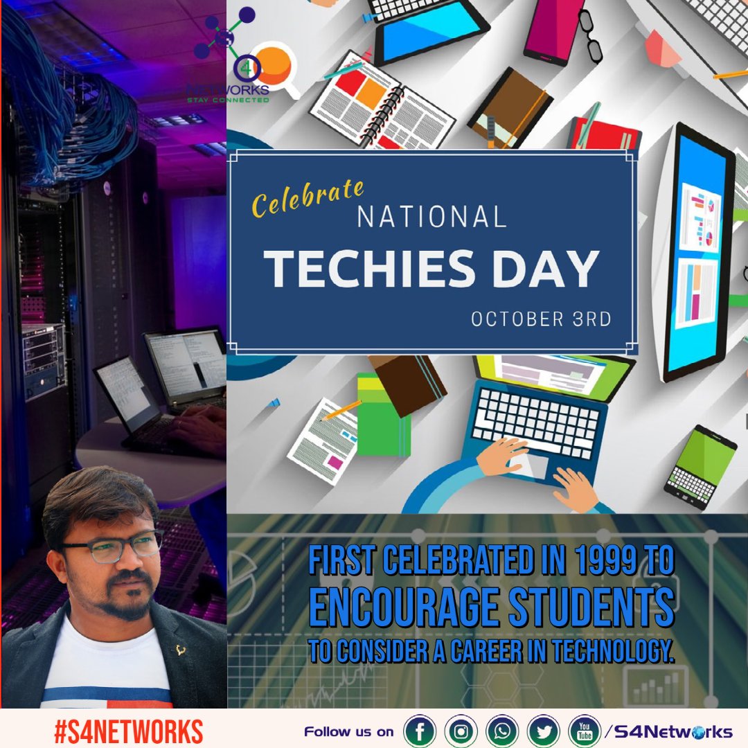 S4Networks's tweet photo. Happy National Techies day! Technology is an integral part of our lives and the credit goes to techies for making it so much useful for all of us!
#NationalTechiesDay
#S4Networks
#TechnologyCompany
#innovation #design #education #eLearning https://t.co/2ReOnHncA6