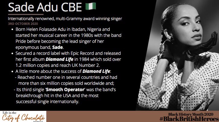 It’s the 3rd October so here’s our third Black British Hero, the beautiful and talented, SadeWhat’s your favourite song by the artist?  #blackhistorymonthuk    #BlackHistoryMonth    #BlackBritishHeroes