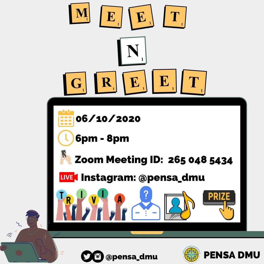 pensadmu's tweet photo. Our official Meet n Greet will be happening on the 6th of October 2020! 

Come join us on ZOOM for a fun filled event. 

🗣🗣PRIZE TO BE WON⬇️

https://t.co/3Jl94gnM4R

#pensadmu #demontfortuniversity #dmu #games #prizetobewon #leicester https://t.co/6BylA7v08W