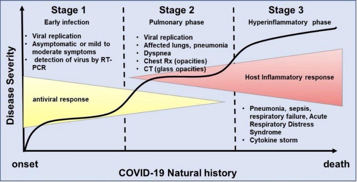 The key is the dynamics of the immune system in Covid: early on, damage is being done by the virus itself, so rapid treatment w/ an antiviral & other efforts to bolster the immune response make perfect sense (although “making sense” & “proven to work” are 2 different things). 2/9