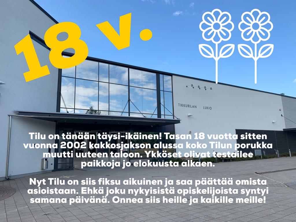 Paljon onnea meille! 🍰 Tasan 18 vuotta sitten koko Tilun yhteisö muutti vanhoista Tikkurilan ja Simonkylän lukioista nykyiseen toimitaloon. Saman katon alle muuttaminen oli iso juttu. 🎂 Nyt olemme siis täysi-ikäisiä. Onnea kaikille entisille ja nykyisille tilulaisille!