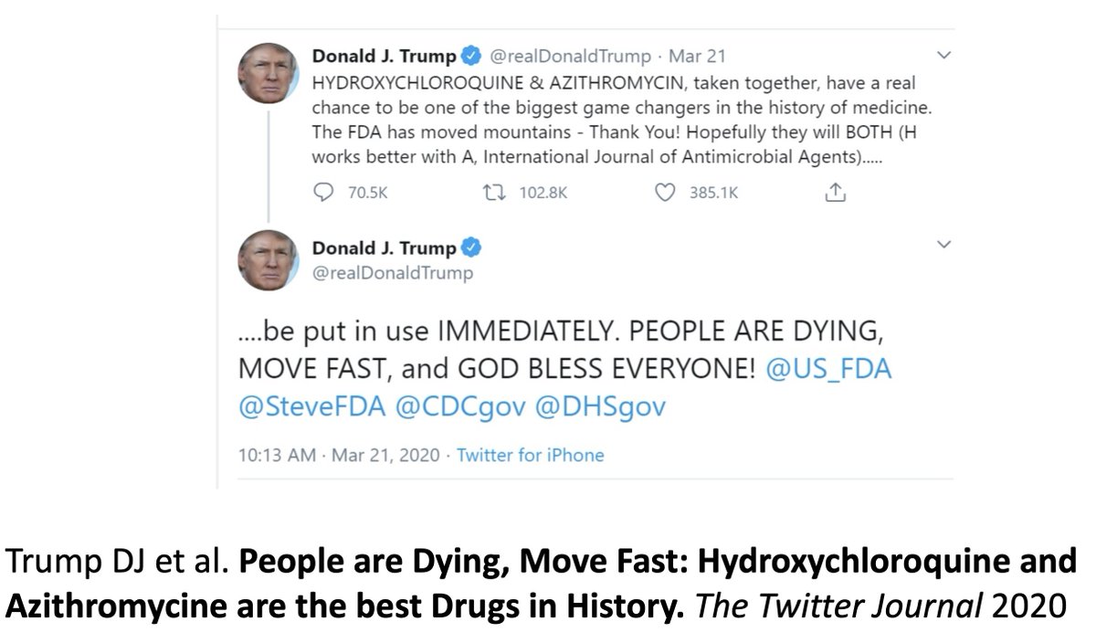 D'autres médecins scientifiques s'emparent de l'affaire.DJ Trump écrit un article remarqué dans le journal  @Twitter : "Les gens meurent, bougez-vous vite: l'hydroxychloroquine et l'azithromycine sont les meilleurs médicaments de l'histoire de l'humanité"