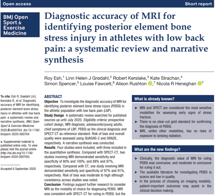 New review findings investigating MRI for posterior element bone stress injury #PEBSI MRI a safe alternative to SPECT-CT for ruling in PEBSI  
Gt multidisciplinary research led by <a href="/UBSportExR/">UBSportExR</a>  <a href="/PhysioMACP/">MACP</a> student Roy Esh 
<a href="/abrushton/">Alison Rushton</a> <a href="/simon_spencer/">Simon Spencer</a> @LinnHelJ <a href="/LouFawcett1/">Lou Fawcett</a> et al