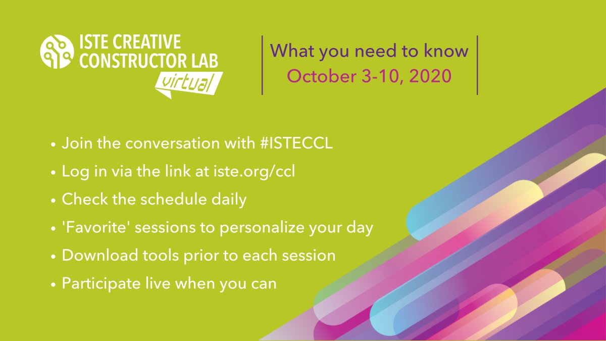 ISTE_ASCD's tweet photo. The ISTE Creative Constructor Lab Virtual is kicking off TODAY! Here's what you need to know. ⤵️

Interested in joining us? You can still register throughout the event at https://t.co/WFFyjwwwKa. Sessions will be available live or on-demand 24-hours later.

#ISTECCL https://t.co/PkujnPqPe8