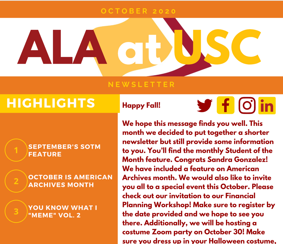 ALAatUSC's tweet photo. Out Now! ALA at USC's October Newsletter pairs well with a warm cup of pumpkin spice coffee. Enjoy! 🎃 🍂 #alaatusc #mmlis #usc  https://t.co/OPZD2zhsI6 https://t.co/t40br2Eki0