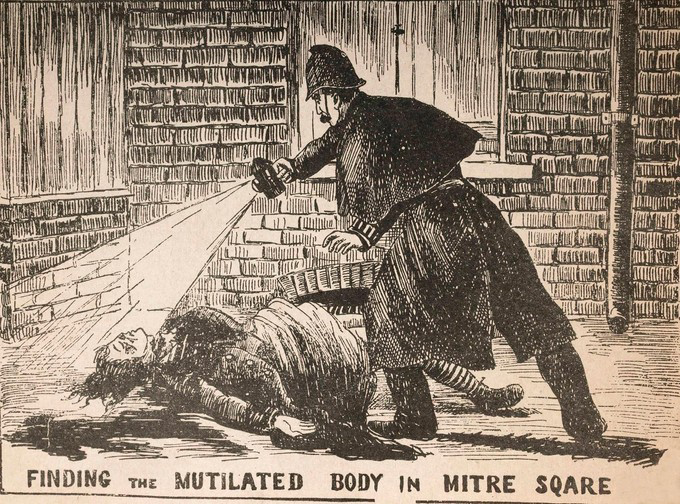 Eddowes's body was found in Mitre Square in the City of London, three-quarters of an hour after the discovery of the body of Elizabeth Stride.