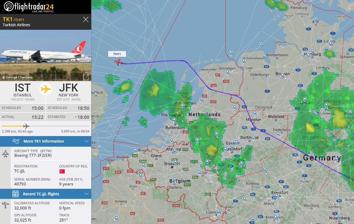 Gerjon_'s tweet photo. It looks like Turkish Airlines flight 1 #THY1 #TK1 from ๐น๐ท#Istanbul to ๐บ๐ธ#NewYork changed course slightly to avoid weather over The Netherlands. https://t.co/Cl5kMZD6lH