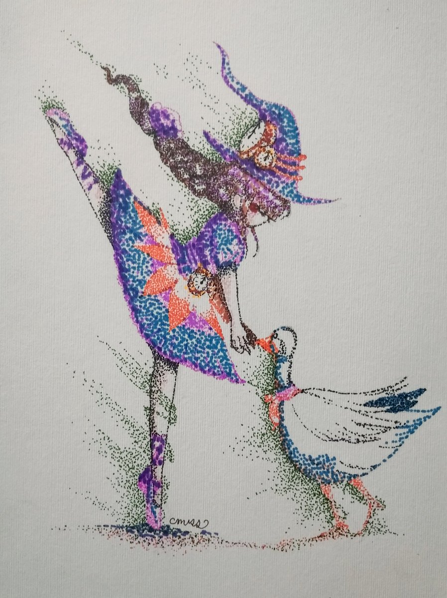 She always wore clocks to remind herself that once it struck midnight she'd turn back into a...goose.

Day 2: Midnight witch and Goose in Pointillism.

#Witchtober2020 #honktober #drawtober2020