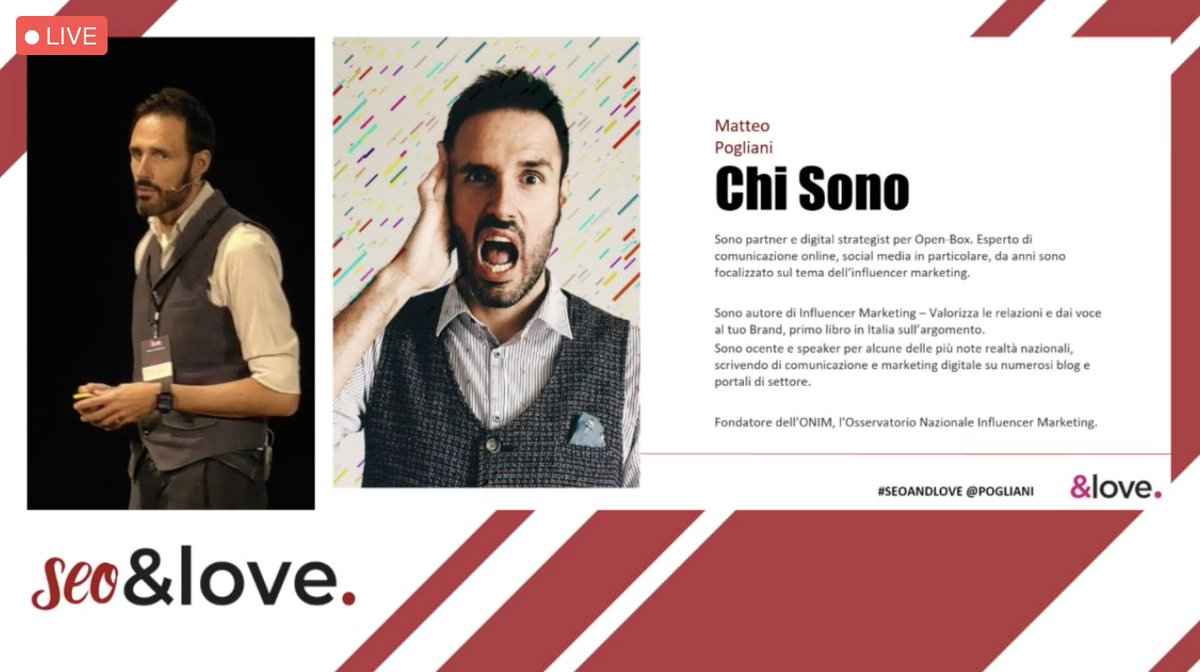L'influencer #Marketing che verrà: tra #brandcontent e nuovi canali.

Con noi a #SeoAndLove <a href="/MatteoPogliani/">Matteo Pogliani</a> fondatore dell’Osservatorio Nazionale Influencer Marketing. Partner e digital strategist di Open-Box e Comunicatica.

#IUSVEsocialteam <a href="/IUS_VE/">IUSVE - Istituto Universitario Salesiano Venezia</a> <a href="/seoandloveit/">&Love</a>