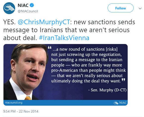 3)In return, NIAC is very fond of Sen. Murphy for his staunch support of the highly flawed, Obama/Biden nuclear deal with Iran.The same deal that provided Iran access to billions that were used to fuel terrorism.Even John Kerry acknowledged it: https://edition.cnn.com/2016/01/21/politics/john-kerry-money-iran-sanctions-terrorism/index.html