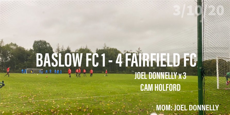 Good performance from Fairfield again playing some class football. MOM: <a href="/JoelDonnelly10/">Joel Donnelly</a> with a first half hatrick, 2 outrageous finishes from range and one from the spot. 

Special thanks to <a href="/BaslowFC/">Baslow FC</a> for the hospitality, the boys really liked the tent 👍🏻