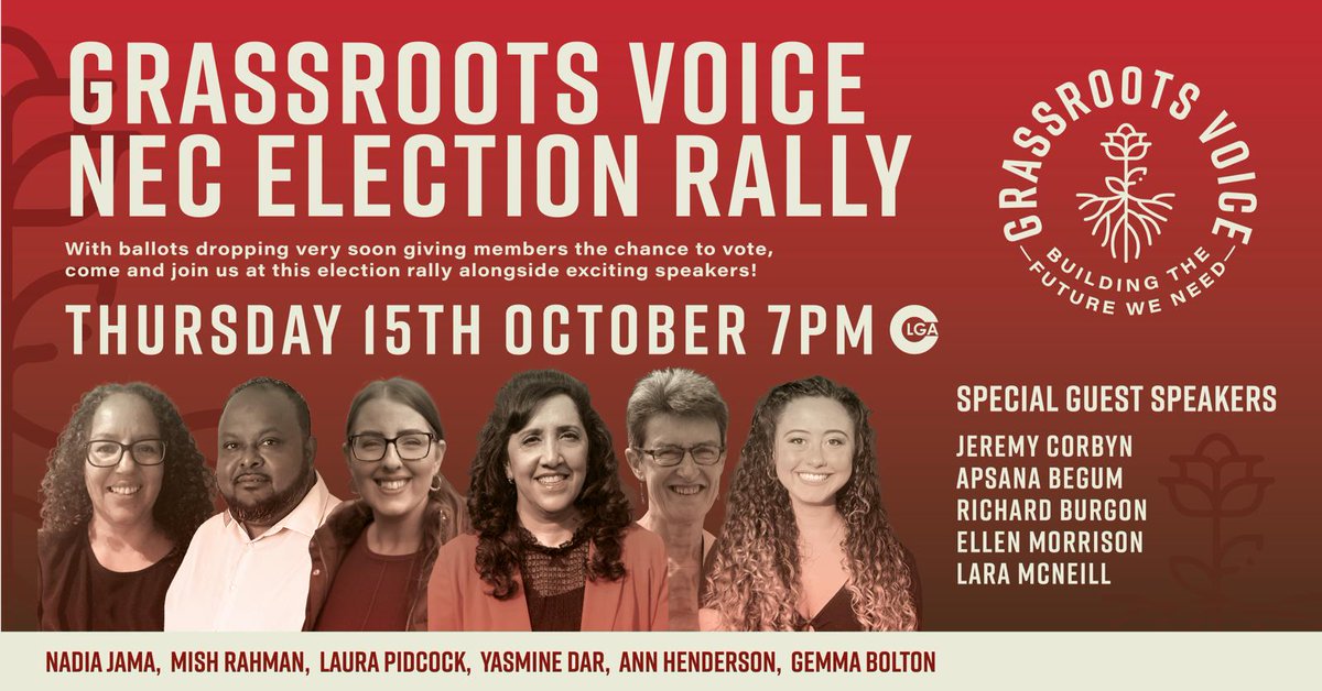 CLGALabour's tweet image. 🌹 #GrassrootsVoice NEC Election Rally 🌹

Thurs. October 15, 7pm.

Hear from @gembolton
@Yasmine_Dar
@AnnDHenderson
@MizJama
@LauraPidcock
@mish_rahman
&amp;amp; @lara_eleanor
@ellenlmorrison
 
plus special guests including @jeremycorbyn

RT &amp;amp; register 👉eventbrite.co.uk/e/grassroots-v…