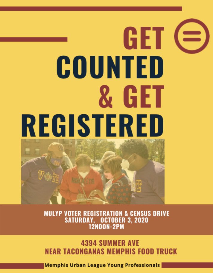 Mem_ULYP's tweet photo. We’re kicking off our voter registration &amp; census drive in less than two hours 😃 
Meet us on Summer Avenue (near the @taconganasmemphis food truck)! Let’s get Counted and Registered Memphis! ✊🏾 #MULYP #BeTheMovement #JoinTheMovement #MakeBlackCount #ShelbyVote #901Vote https://t.co/QGXdbpuwC9