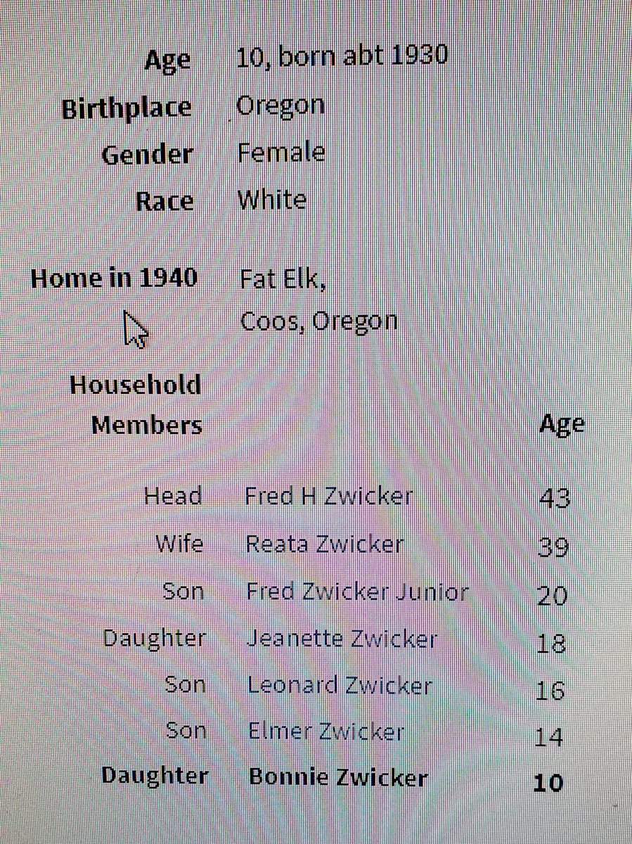 Bonnie was in the hospital in Portland. So on a whim I searched  @Ancestry to see what I could find about Bonnie.She was 10 in 1940. She & bro were kids of Fred & Reata (Hinshaw) Zwicker. A little further digging, she was born Christmas Eve 1929 in  #Coquille The sixth child.
