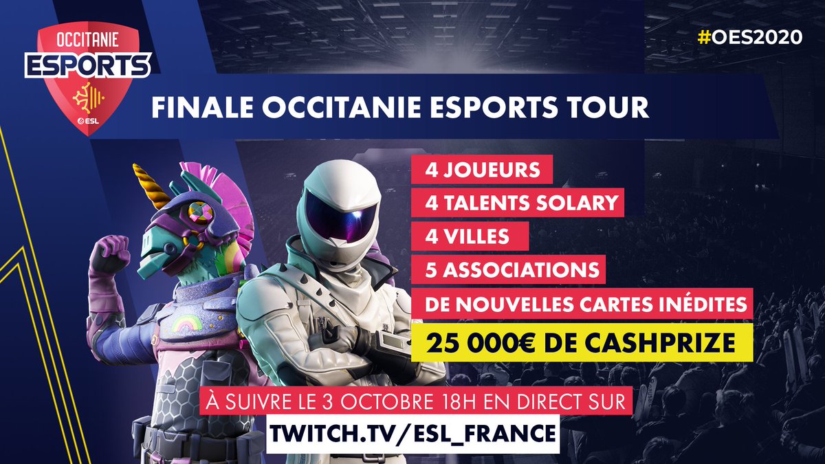 OccitanieEsport's tweet photo. Rendez-vous dans 10min sur https://t.co/VGOBUP0mo7 avec les joueurs de @SolaryTV et les gagnants des 4 étapes de l'#OESTour !
Un cashprize de 25 000€ à la clé pour les associations qu'ils défendent 💪 @FortniteFR #Fortnite https://t.co/0FmXZXClT4