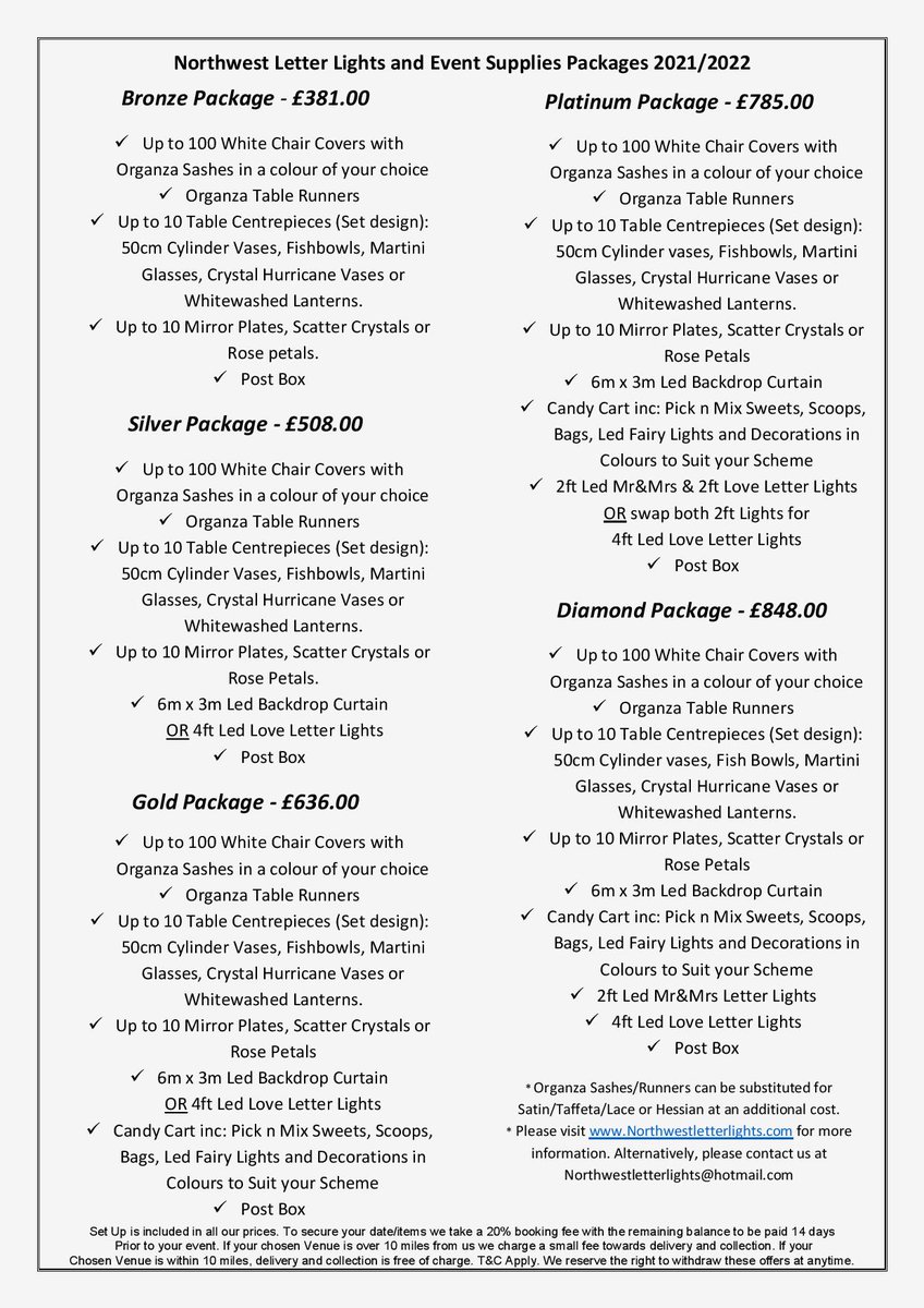 Venue Dressing Packages for 2021/2022, Contact us for more information or visit Northwestletterlights.com