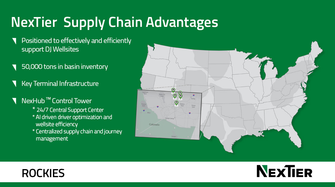 With NexTier’s Logistic and Commodities in the Rockies you can count on: 
A diverse supply network
An agile and responsive terminal network
Last mile experience and expertise
Strategic carrier relations
NexHub™ AI driven optimization processes and 24/7 support