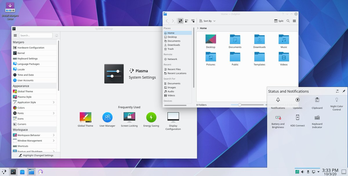 ManjaroLinux's tweet photo. Some screenshots of the upcoming #Plasma 5.20 release by @kdecommunity. Get the latest developer-ISO from @ManjaroLinux now and give it a test-drive: https://t.co/zFYmeHPQje https://t.co/T3BNsKZ7F6