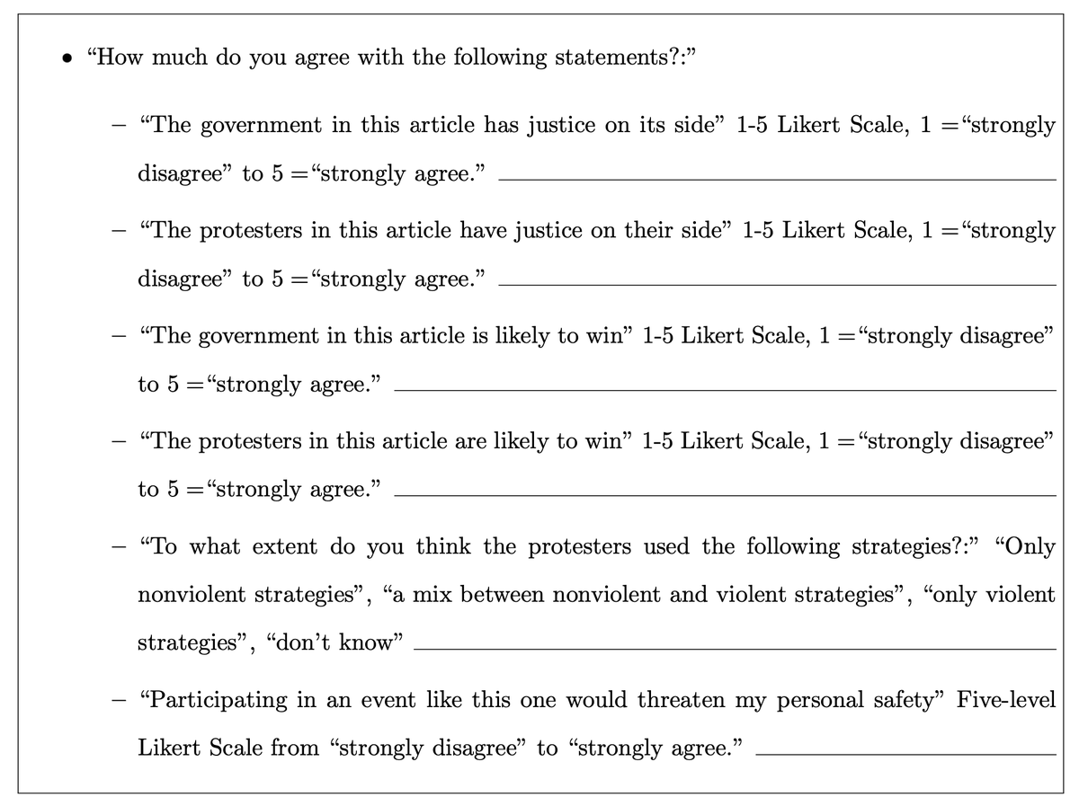 To get at whether support was motivated more by “intrinsic logic” (justice) vs “instrumental logic” (success), subjects were also asked whether government and/or protesters “have justice on their side,” and whether government and/or protesters were expected “to win.” 4/