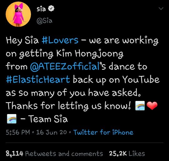 Sia (australian singer and producer) posted about Hongjoong's cover on Twitter @ATEEZofficial  #ATEEZ    #에이티즈    https://twitter.com/Sia/status/1273011467852189696?s=19