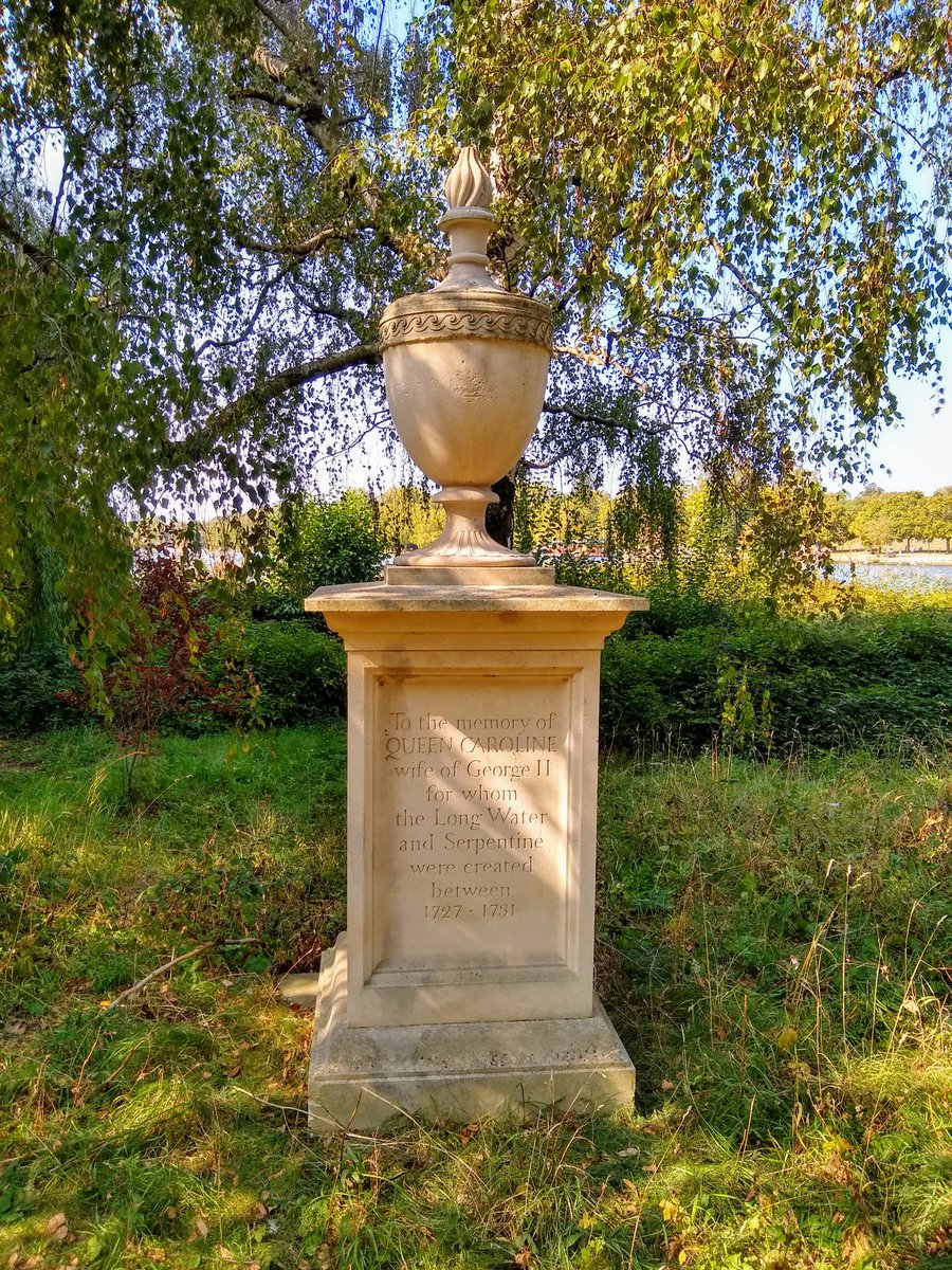 George II had Hyde Park's Serpentine created for Queen Caroline, 1683-1737. Caroline acted as queen regent four times, unprecedented at the time. Died of a strangulated bowel/hernia complication and the devastated king gave us a lovely lake in his sorrow.  #womenstatues