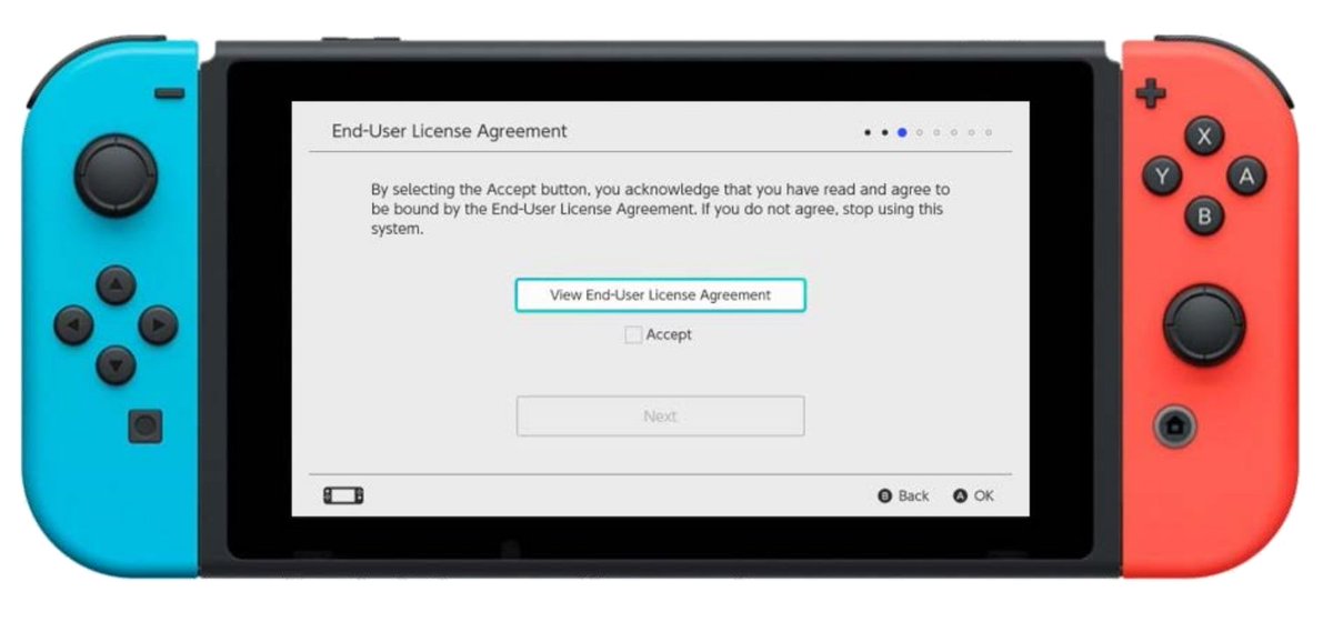 The way Nintendo's attorneys tell it in their legal replies, each gamer plaintiff who experienced Joy-Con drift agreed to individual arbitration because they checked "Accept" for an EULA on this screen. You don't accept, you can't go on to use your Switch. (10/26)