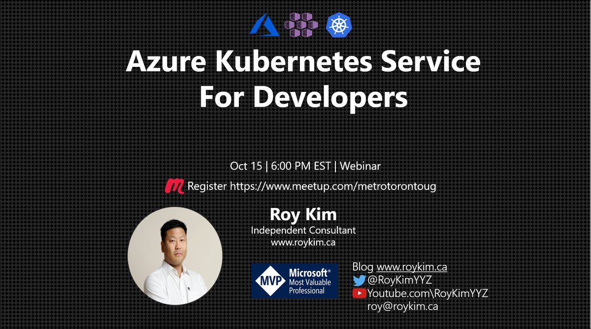 I'll be speaking Oct 15 on Azure Kubernetes Service and running applications from Developer's point of view. Please register meetup.com/metrotorontoug…  <a href="/ehsaneskandarim/">Ehsan Eskandari ❤️ ☁️</a>  <a href="/AdarshaDatta/">Adarsha Datta</a> <a href="/lucavgobbi/">Luca Gobbi</a>