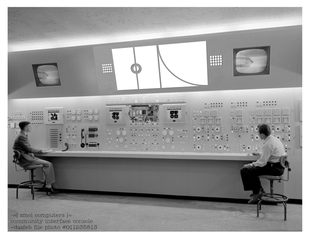 An image of a large, early computer control panel with the ~dasfeb sigil on the upper wall and a number of planet sigils on display readouts