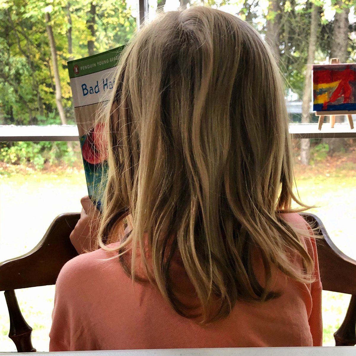 MegWalck's tweet photo. Saturday morning books before Saturday craft time!  Love our routine.  @AmericanReading #badhairday #bluelevel @penguinusa @PenguinBooks #100bookchallenge https://t.co/jpm63gIVUE
