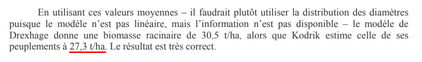 Commençons par le compartiment le plus petit : celui des racines. On peut garder un ordre de grandeur de 27 tC/ha.Avant de passer au sol proprement dit on peut regarder le carbone dans les feuilles, mais il est faible et pas très durable, de 1.5 à 4 tC/ha.