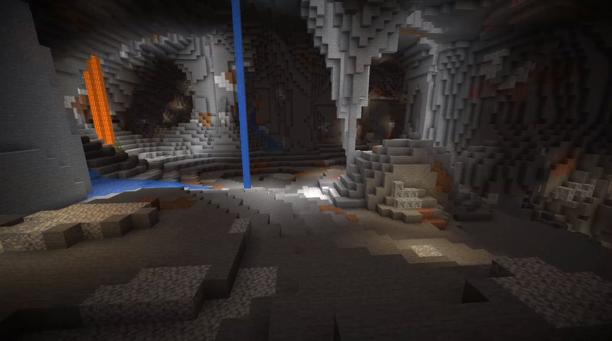 Whomsky's tweet image. New cave generation! Local water levels that don't depend on the sea level! Underground lakes! Natural waterfalls! #CaveUpdate #Minecraft #MinecraftLive