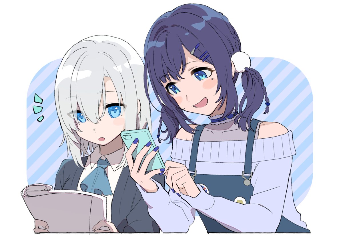 multiple girls blue eyes 2girls sweater phone overalls holding  illustration images