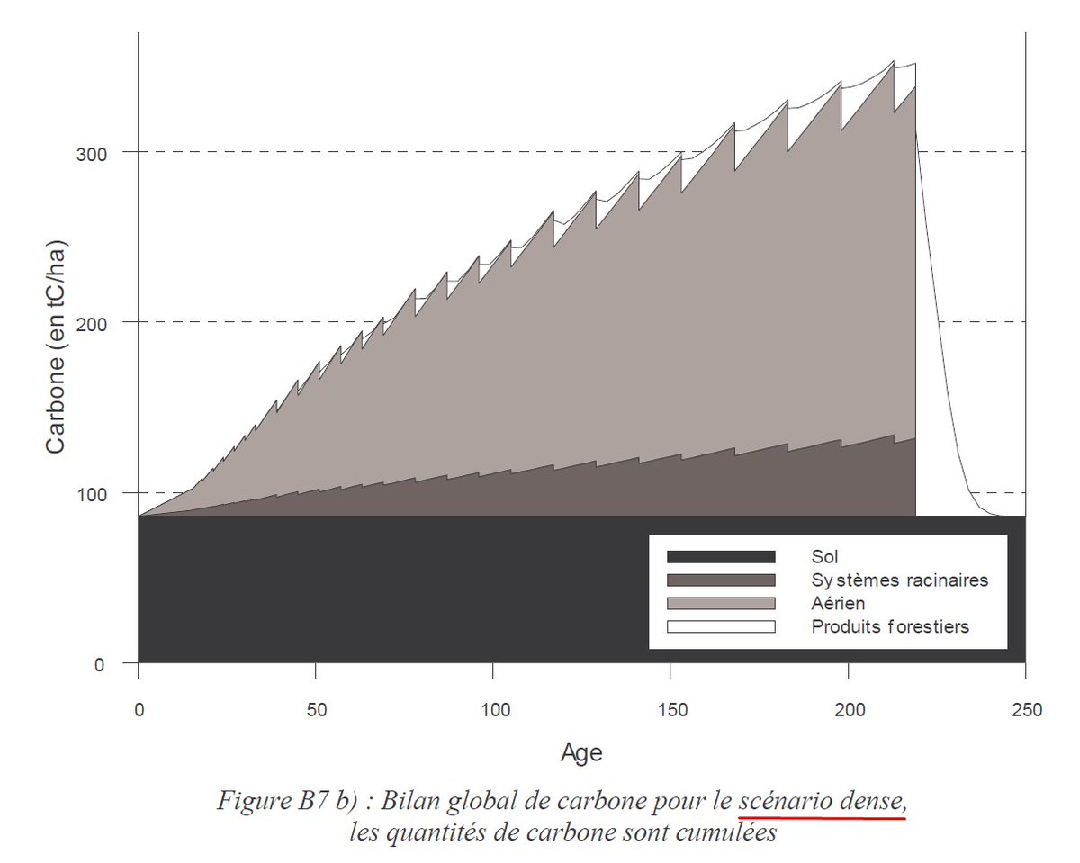 Voici donc la répartition des différents stocks de carbone de la forêt (pour ces 2 scénarios, clair et dense) :aérien (= bois sur pied), racines, sol et produits forestiers (bois récolté). Seul le carbone du sol est pérenne.Screen3 : en additionnant les différents compartiments