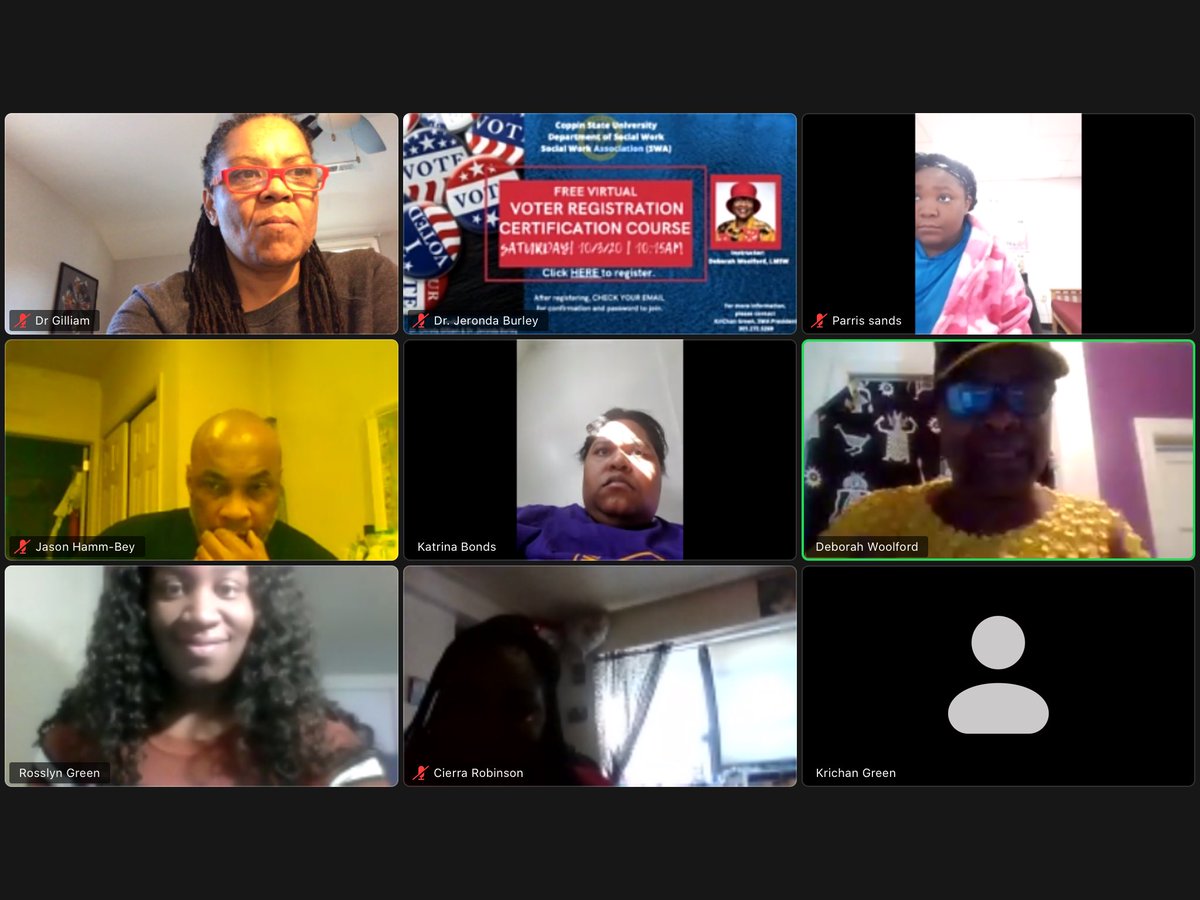 CoppinStateSOWK's tweet photo. We have started our voter registration training 💪🏾!!! More importantly Ms. Deborah Woolford, BSW, (Coppin c/o 16’) MSW, LMSW is dropping knowledge! Political Social Worker!!! ✊🏾
#coppinstateuniversity 
#csusocialwork
#csusocialwork 
#coppinalumni 
#socialworkeducation
#vote2020 https://t.co/1p9nHga6QZ