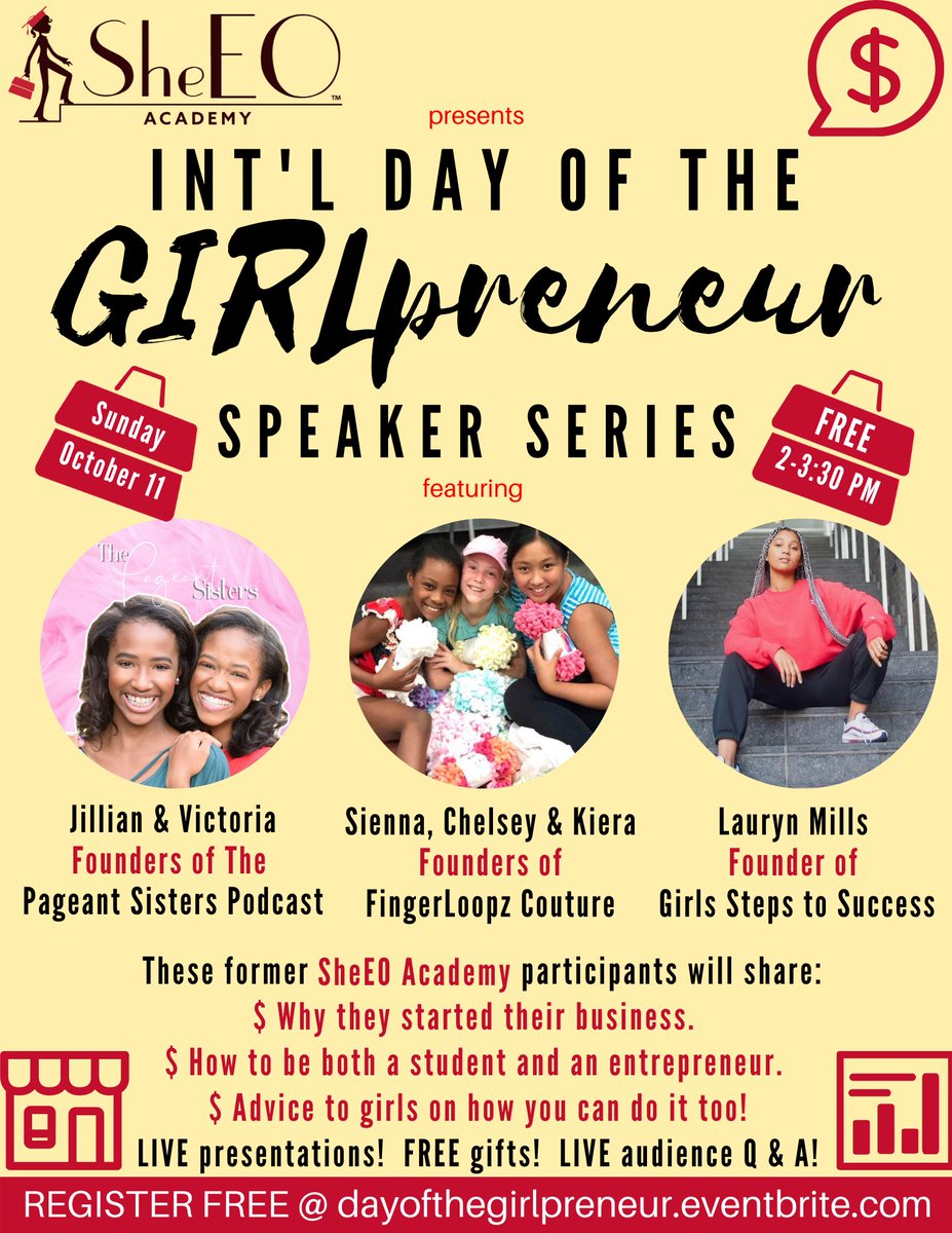 sheeoacademy's tweet photo. #ANNOUNCEMENT On #dayofthegirl, #SheEOacademy will host a special #virtual event featuring six of our past participants who are amazing #girlpreneurs. Oct 11, 2pm eastern. Register: https://t.co/7sLV9AllQr #tellher #shecan #beasheeo https://t.co/QS5fvPZQWd