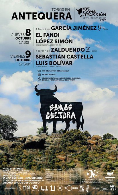 Antequera ya hay sustituto para @castella_gm, tras su retirada, en el 4º festejo de la Gira de Reconstrucción el próximo viernes 9 de octubre, será el diestro cordobés Juan Serrano @JSFino el que actúe mano a mano con @luisbolivard ante toros de @GZalduendo @portaltaurino