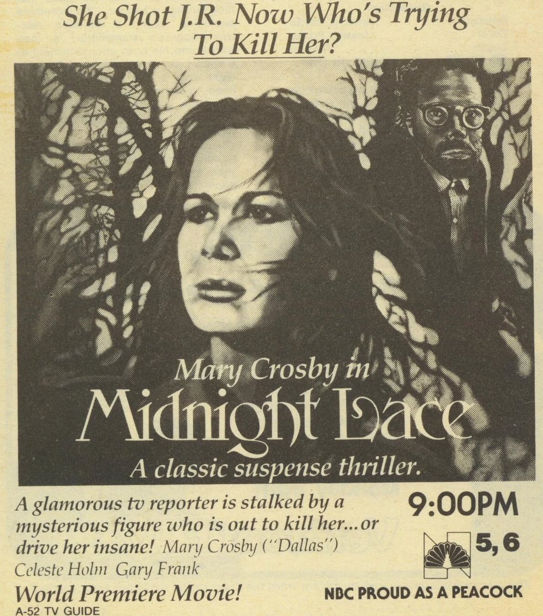 Midnight Lace is totally making good use of Mary Crosby's notoriety as the woman who shot J.R. This TV Guide ad tagline is excellent! Midnight Lace is on YT. Grab a bowl of popcorn and sit back, this one does all the driving for you! (2 of 2)