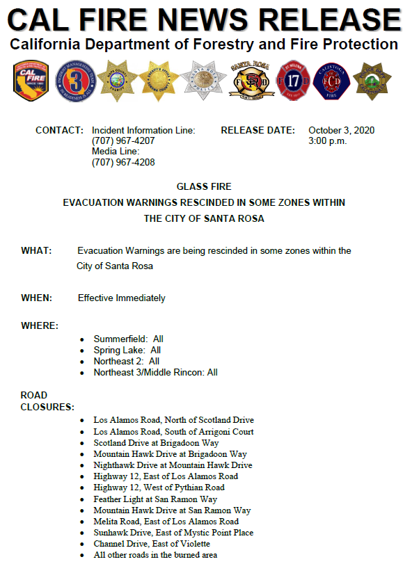 #GlassFire Evacuation Update