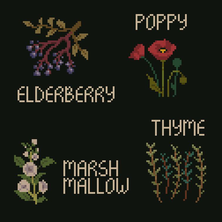 keelapine's tweet photo. new ingredients for a herbal recipe quest i'm working on 🌿🐇
#runawayfur #gamedev #indiedev #indiegame #herbs #herbalrecipe #ingredients #pixelart #aseprite #screenshotsaturday https://t.co/1qHrRUkudC