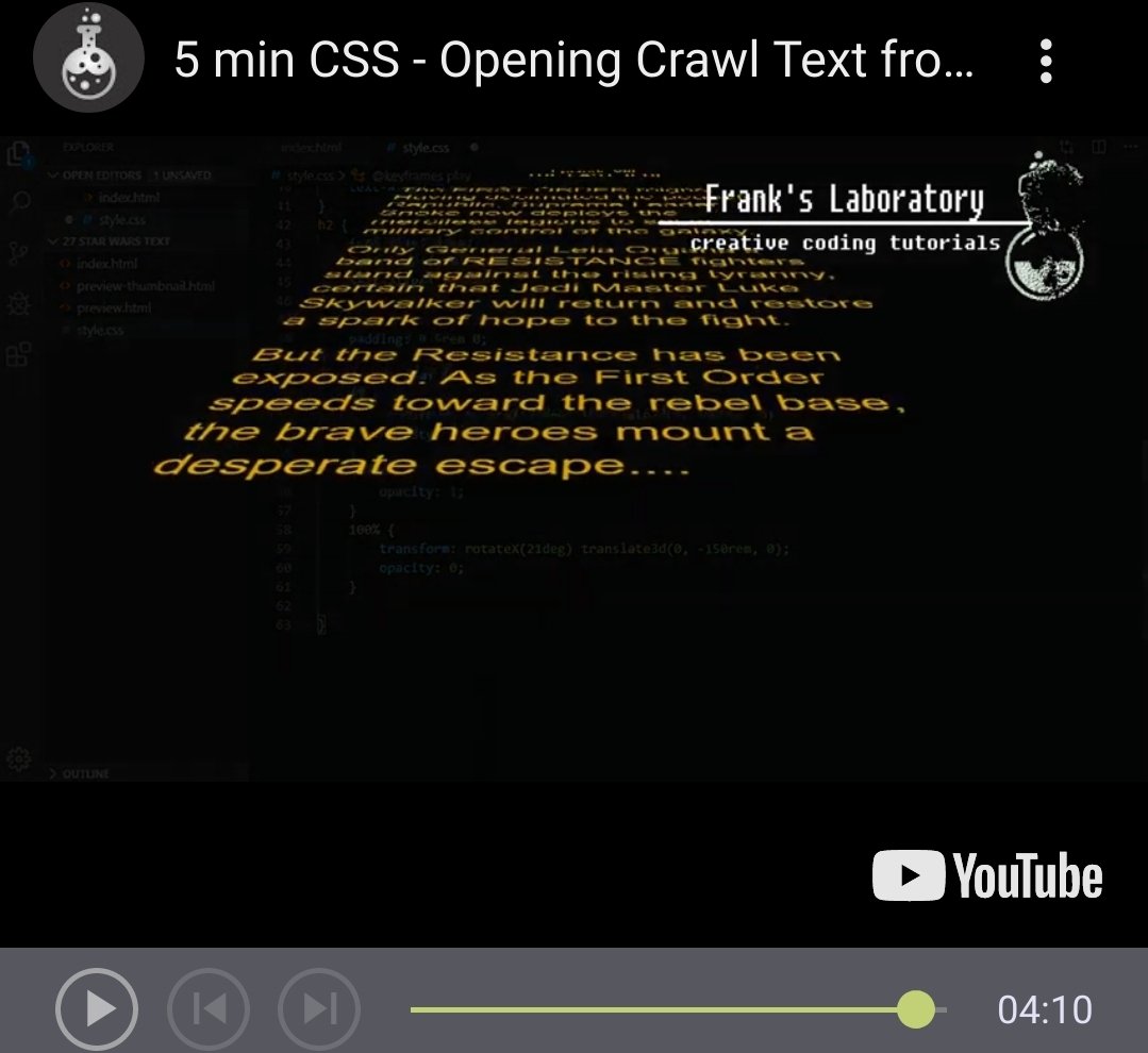 eversparked's tweet photo. 🎬 Video of the week #5 🥳

Great tutorial on #StarWars Text effects by @code_laboratory!
Check it out at https://t.co/dTGtdfSYMH and test our #liveCoding editor 🤓📚

#100DaysOfCode #CodeNewbie
#HTML #CSS #javascript https://t.co/i6mSqvFs6X