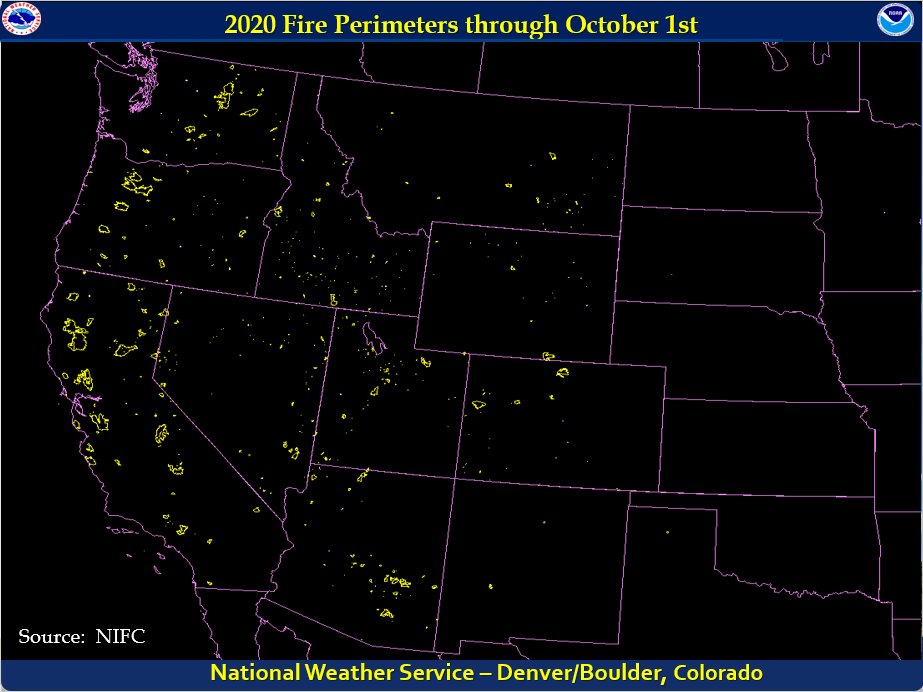 NWSBoulder's tweet image. It's been a very active fire year from the Rockies to the West Coast.  A map of all fire perimeters, so far this year, is attached.   #cofire #cowx #fires