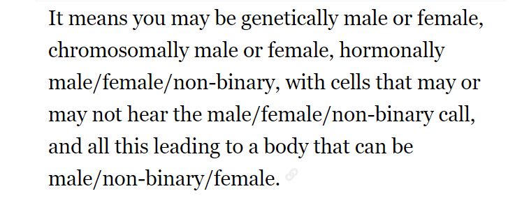 16/ THE PREMISE: For proponents of the sex spectrum, all this variation in sex development means we can define your sex through chromosomes, or hormones, or through cells, and this can all be combined in different ways, creating a spectrum of sex.