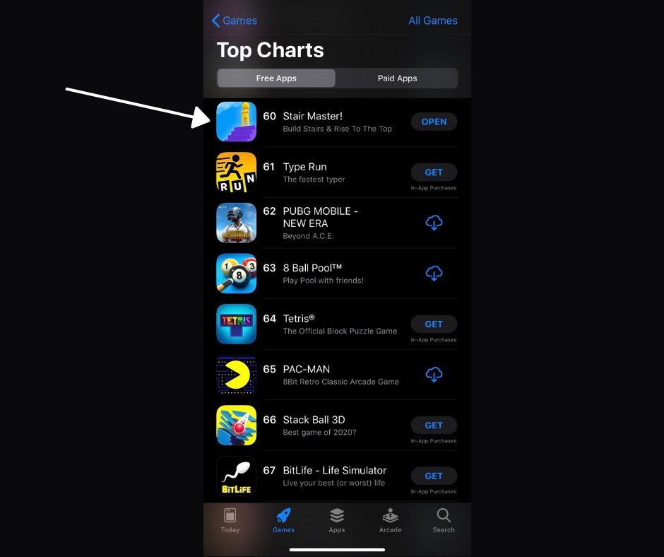 buildbox's tweet photo. Our community of #nocode creators is making their mark in the charts this week with Stair Master! by @AppTout built w/ #Buildbox ranking in the Top 100 in the app store above hits like Pac-Man and Tetris! 

#mobilegames #indiedev #gamedev #gamesindustry https://t.co/Uno9zM1b8B