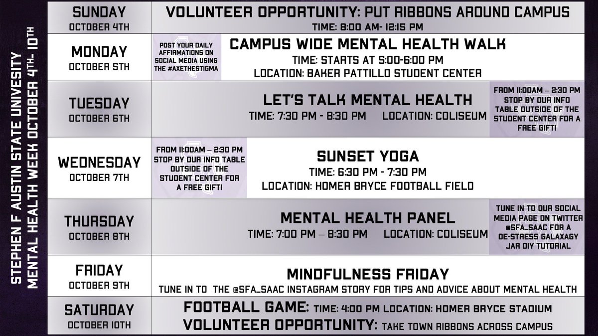 Mental health week is here and we have a jam packed week! We're excited to #AxeTheStigma!!!

#RaiseTheAxe
#AxeEm
