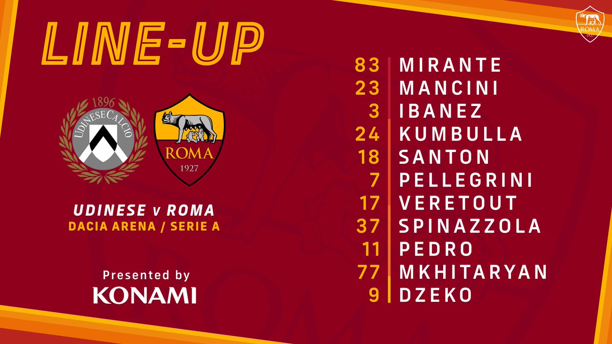 OfficialASRoma's tweet photo. 🟥🟧🟨🐺🟨🟧🟥

📋 Ecco la nostra formazione per #UdineseRoma 

#ASRoma https://t.co/CPeuWRGMJ1
