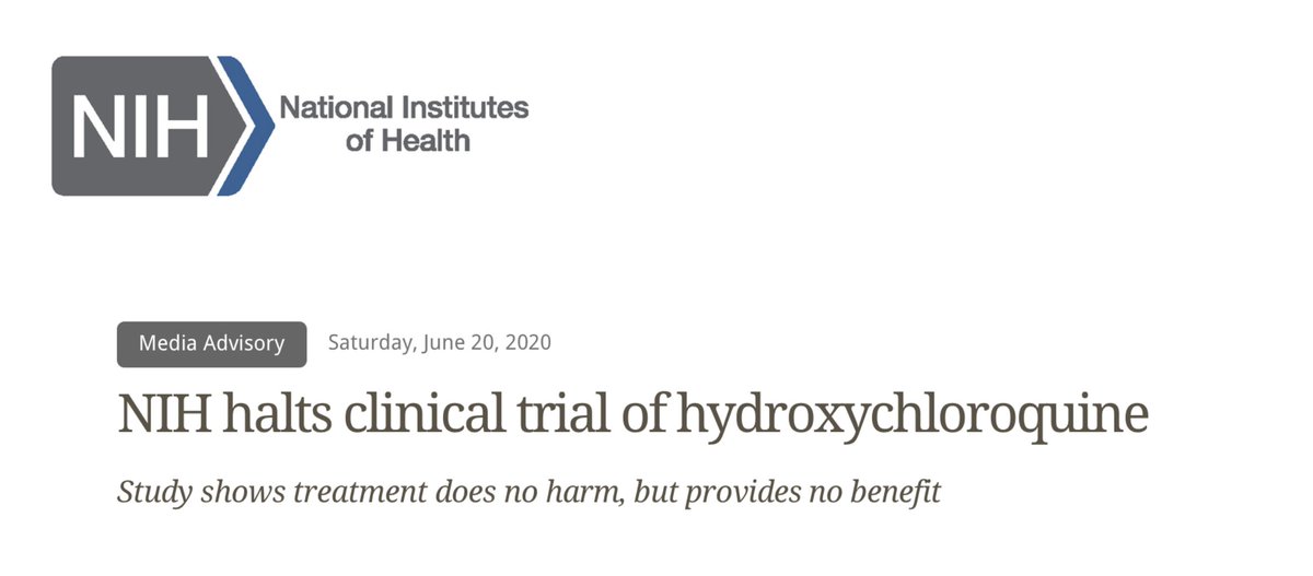 Le  @NIH arrête ses essais cliniques devant l'absence d'espoir de trouver une efficacité à ce traitement, enterré par bon nombre d'essais cliniques randomisés de grande ampleur