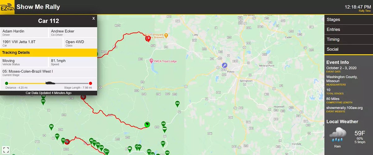 ARA_Rally's tweet photo. @oregonwings reporting from "Command Central" where I'm experimenting with some soon to be released updates to ARA App. Really cool features including, car details, driver/co-driver and even local weather.  Speaking of, is that RAIN?!! 😲🌧 
@ShowMeRally #ARARally #ShowMeRally https://t.co/AmgdrECt27